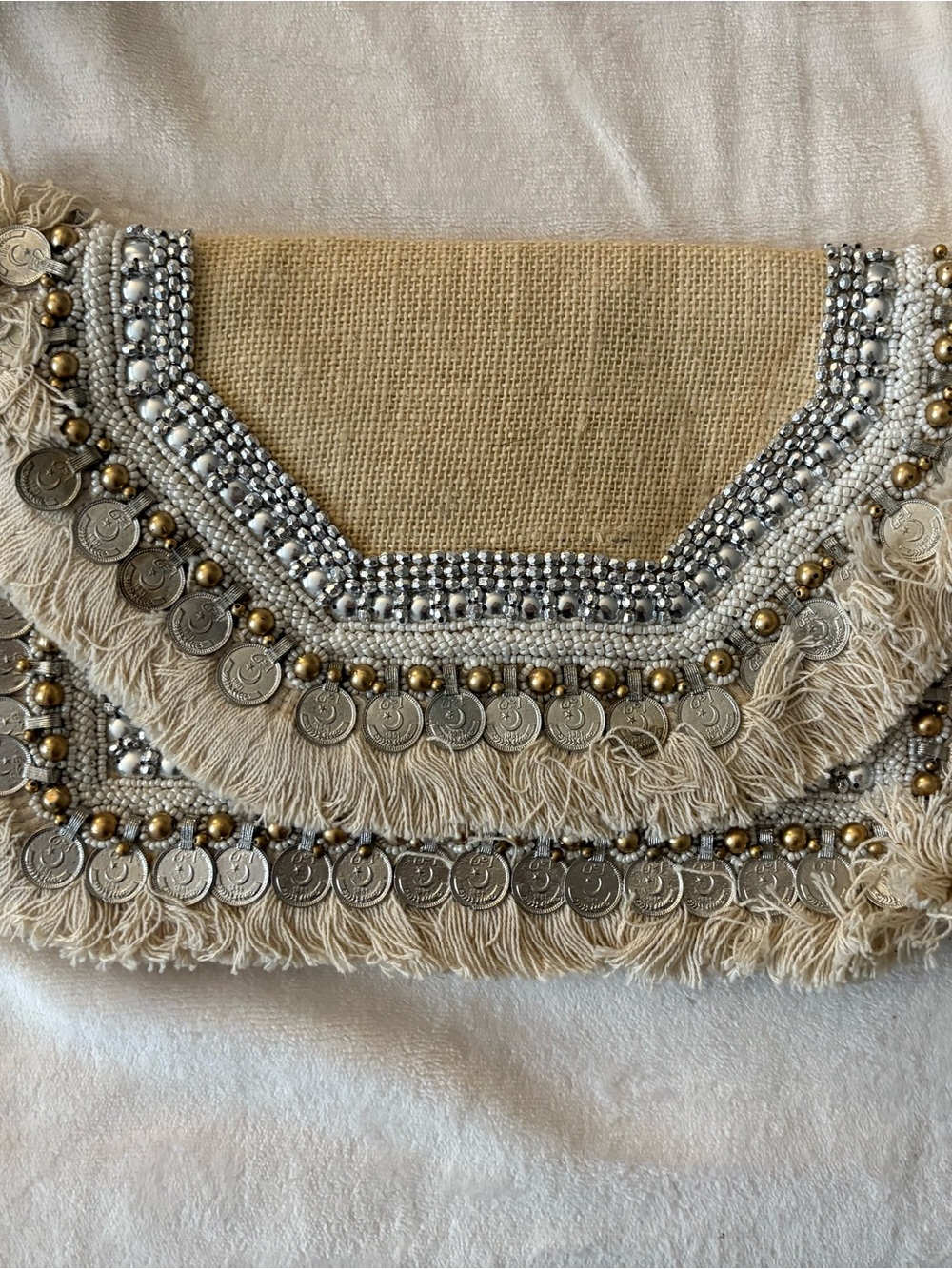 Lulu's Beige Fringe Coin Embellished Clutch